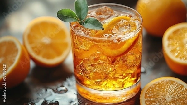 Fototapeta Refreshing citrus cocktail garnished with a sprig of mint, featuring sliced oranges on a wooden table during bright daylight