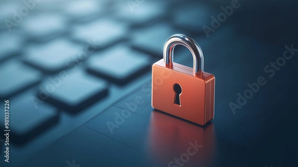 Obraz A digital padlock symbolizes online security and data protection, resting on keyboard, representing importance of safeguarding information in digital age.