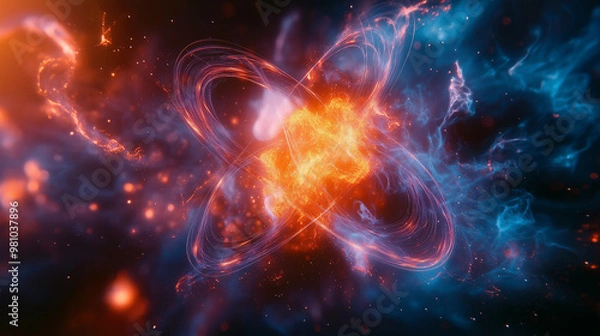 Obraz Atomic energy release during nuclear fission, a burst of power with glowing particles and radiation waves 