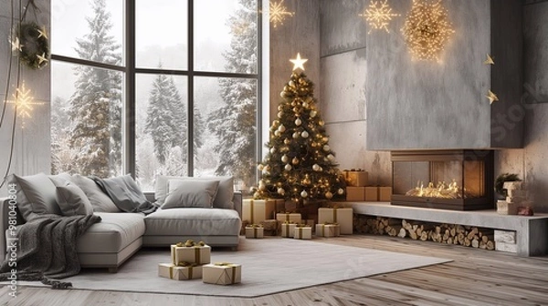 Fototapeta Cozy modern living room glows with christmas tree, featuring a fireplace and new year home decor, large windows showing a snowy forest winter view