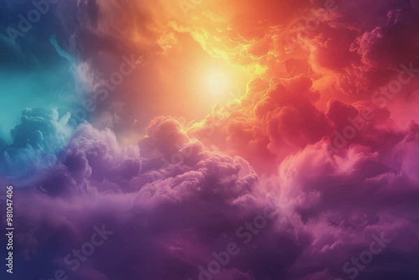 Fototapeta Colorful rainbow clouds with the sun shining in the background. Clouds form abstract shapes.
