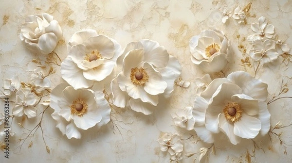Fototapeta Vintage 3D Wallpaper with White Flowers and Golden Elements on a Beige Background -- AI generated illustration