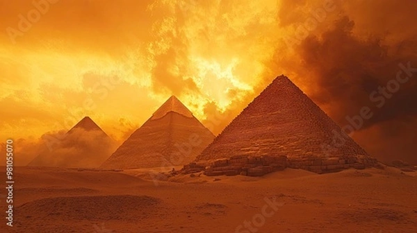 Fototapeta Pyramids of Giza in Egypt under a dramatic desert sky.