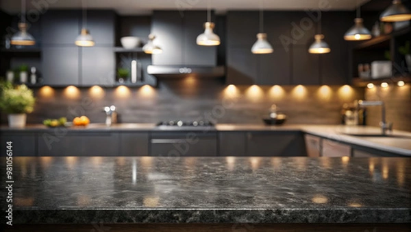 Fototapeta Black granite countertop in the foreground against a luxurious dark themed kitchen, ideal for product mock up photography