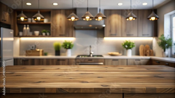 Fototapeta Dark oak countertop against a modern illuminated kitchen, ideal for product mock up photography