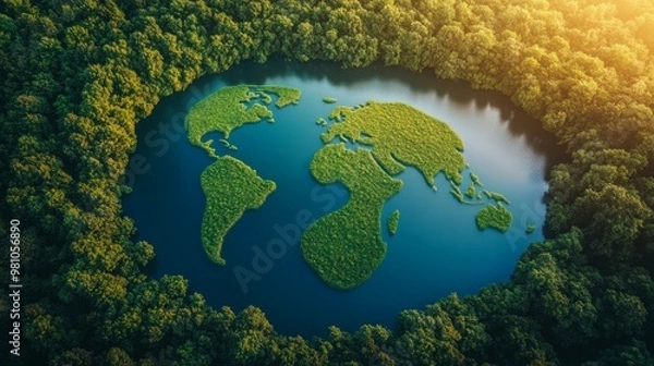 Fototapeta Aerial View of World Map Shaped Lake in Forest