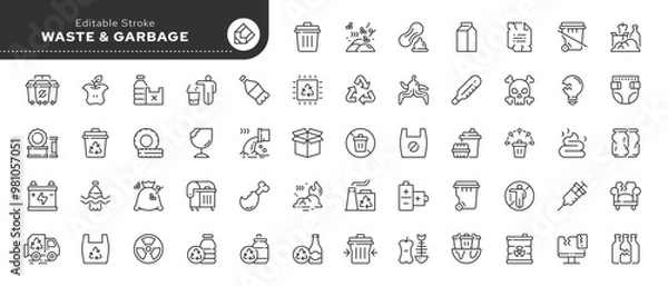 Obraz Waste and garbage line icon set. Waste sorting, recycling, plastic, glass, pollution and more. Outline icon in linear style. Vector collection.