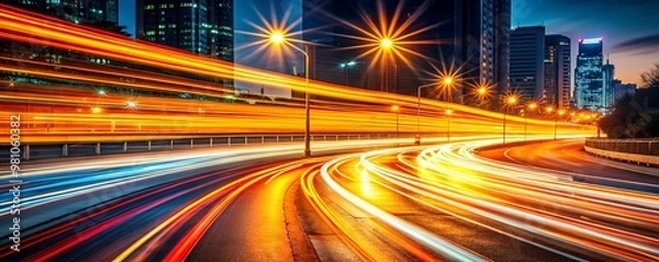 Fototapeta Light trails from fast moving vehicles captured on a busy highway in an urban cityscape during nighttime with modern skyscrapers illuminated by city lights in the background