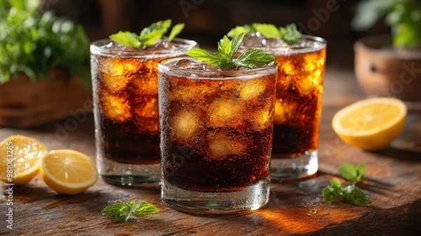 Fototapeta Refreshing cola drinks with ice and mint leaves served on a wooden table with lemon slices in a cozy setting