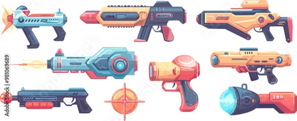 Fototapeta Toy lasers on a white backdrop. Vector flat isolated