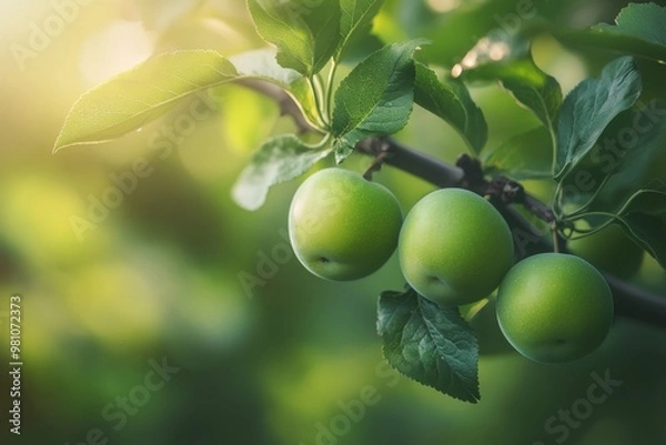 Fototapeta green plums growing on a tree branch in an australian orchard, with leaves and a natural background that evokes a sense of summer.