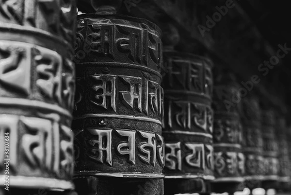 Obraz prayer wheels at Swayambhunath, Nepal, monochrome