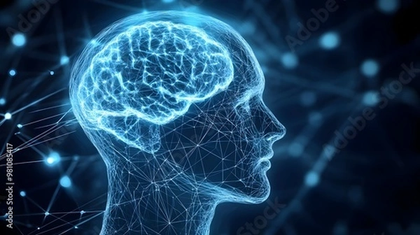 Fototapeta A glowing representation of a human head and brain, showcasing neural connections in a digital and futuristic style.