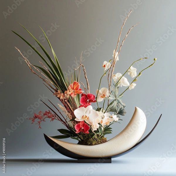 Fototapeta flowers in vase, vase with floweres, still life with flowers, japanese flower arrangements, ikebana.
