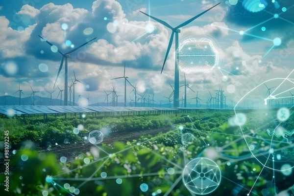 Fototapeta Illustration of "A visionary landscape where towering wind turbines and solar panels generate both energy and carbon credits, with streams of digital currency flowing through the scene." Ai Generate.
