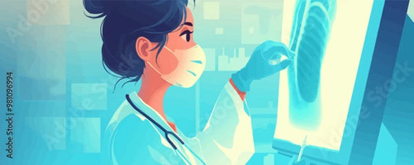 Fototapeta Doctor examining an X-ray with focused expression, Vector flat minimalistic isolated illustration