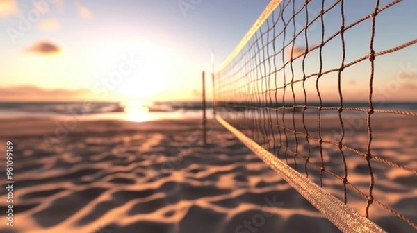 Fototapeta Beach volleyball net on sandy shore. Close-up perspective with ocean background. Summer sports and recreation concept. Design for banner, poster.