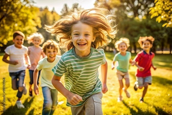 Fototapeta Happy european children enjoying a sunny day outdoors running and playing in a park with friends The kids are smiling and having fun showcasing the joy of youthful innocence and outdoor activities