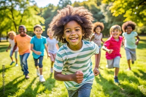 Fototapeta Children from different ethnic backgrounds like african and european running and playing together in a sunny outdoor park The image captures their joyful expressions and the vibrant greenery.