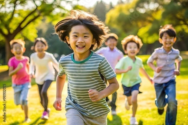 Fototapeta Happy children running and playing outdoors in a park on a sunny day vibrant joyful scene asian kids engaged in active play having fun in a green summer field enjoying sunshine and outdoor activities