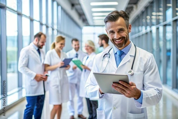 Fototapeta a group of diverse doctors are seen in a hospital hallway they are using digital tablets and discussing patient care the image showcases professionalism and collaboration among healthcare professional
