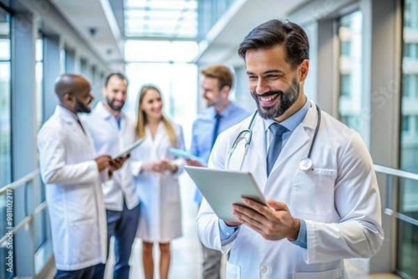 Fototapeta diverse group of healthcare professionals including male and female doctors standing in modern hospital hallway some with digital tablets in hand smiling and engaging in conversation