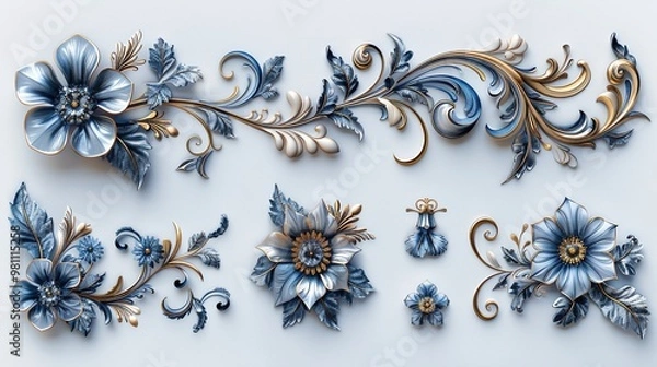 Fototapeta Stunning Retro Blue and Gold Gradient Decorative Elements: Elegant Swirls, Frames, and Borders for Distinctive Design
