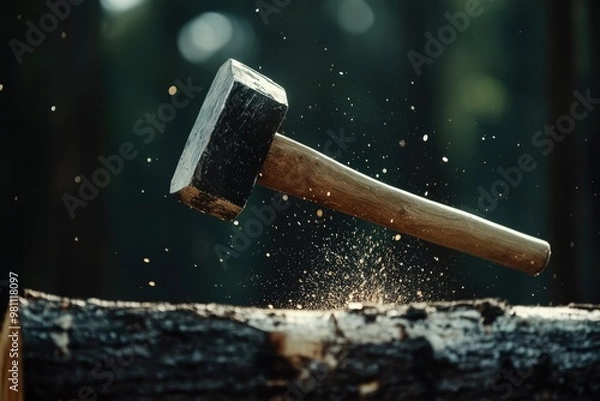 Fototapeta A Hammer Striking a Log, Creating a Shower of Wood Chips