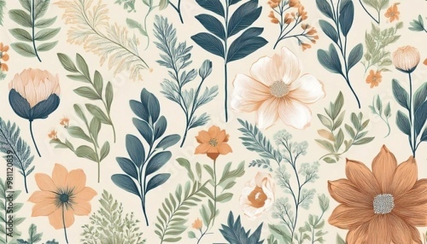 Fototapeta Seamless pattern background featuring a collection of vintage botanical illustrations with flowers and leaves in muted colors