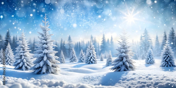 Fototapeta Soft Focus Winter Wonderland: Serene Snow-Covered Trees and Gentle Snowfall � Perfect Holiday Photo Stock Concept with Ample Copy Space for Festive Messages