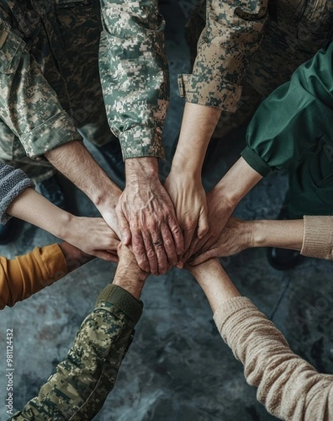 Fototapeta Hands of multiple people joined together in unity.