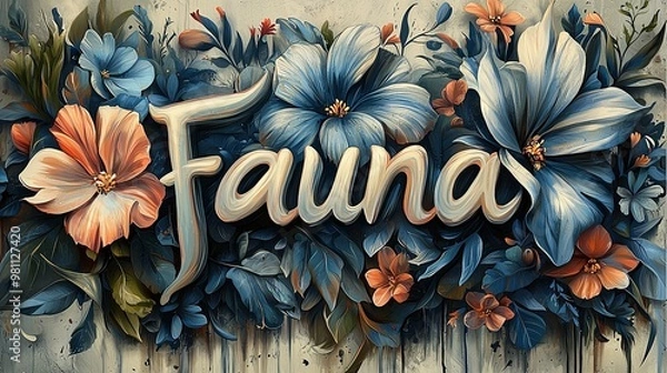 Fototapeta Elegant floral lettering with vibrant fauna design