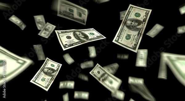 Fototapeta Flying dollar bills symbolize wealth and financial success on a dark background hinting at unchecked