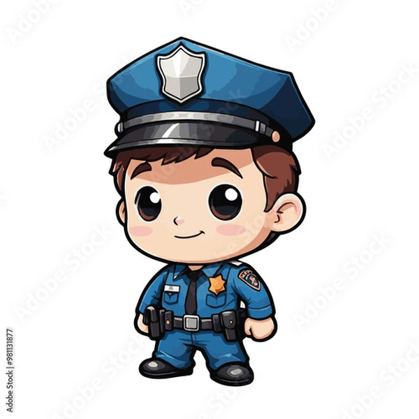 Obraz Cute little boy, hero policeman in blue uniform, cartoon character on white