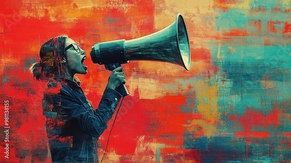 Fototapeta A passionate person shouting into a megaphone against a vibrant, abstract background, symbolizing activism and expression.
