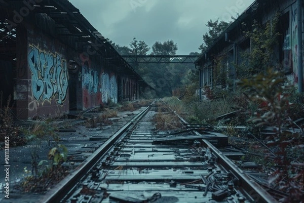 Fototapeta Graffiti-covered train tracks in an urban setting