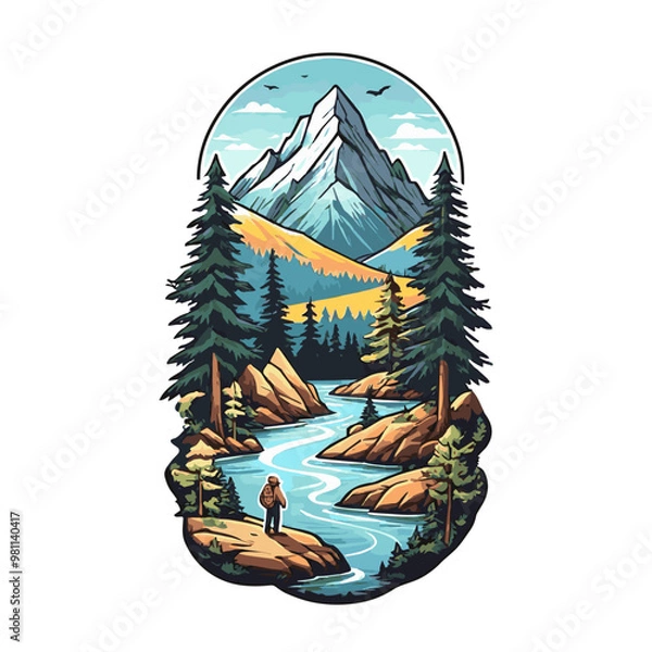 Obraz Bright travel concept with river and mountains, retro sticker isolated on white background