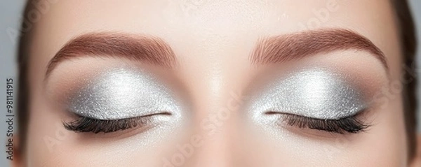 Fototapeta Closeup of eyes with shimmering silver eyeshadow and perfectly winged eyeliner, classy Halloween touch