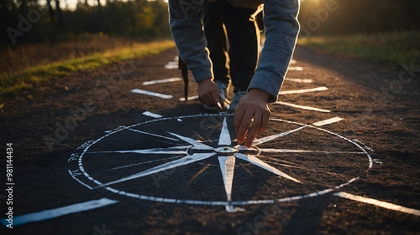 Fototapeta Person Creating a Compass Design on the Ground at Sunset