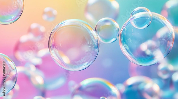 Fototapeta Rainbow soap bubbles on bright colorful background close up