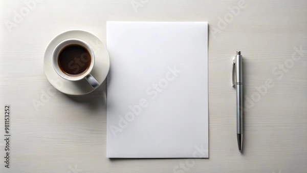 Fototapeta Minimalist workspace with blank paper, pen, and coffee cup
