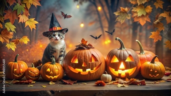 Fototapeta Cat with witch hat in halloween day with pumpkins and bat, halloween day theme background