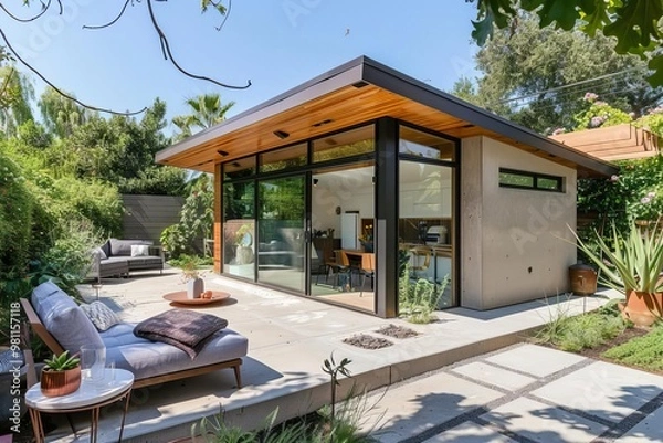 Obraz Minimal cozy backyard accessory dwelling unit, modern landscaping, stylish and inviting, clean and contemporary design
