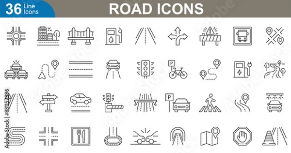 Fototapeta Road outline icons set. Traffic, highway, direction, arrows, GPS, stop, parking, vehicle, bus, lights and more. vector illustrator.