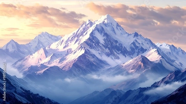 Fototapeta A breathtaking mountain landscape at sunrise, showcasing majestic peaks and soft clouds in a serene atmosphere.