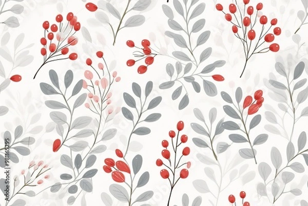 Fototapeta Christmas Seamless Pattern. Coniferous branches, cones, red artificial berries, thuja branches. Pattern for wrapping paper, greeting cards, invitations, fabric, prints.