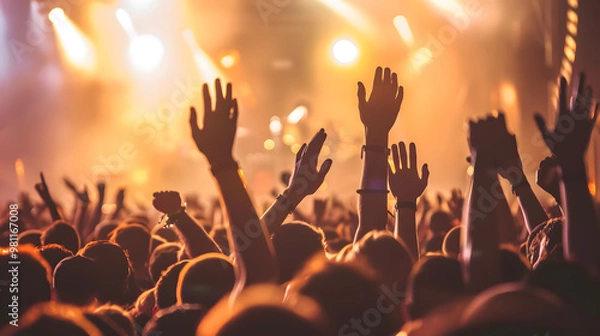 Obraz Crowd with raised hands at a concert - summer music festival