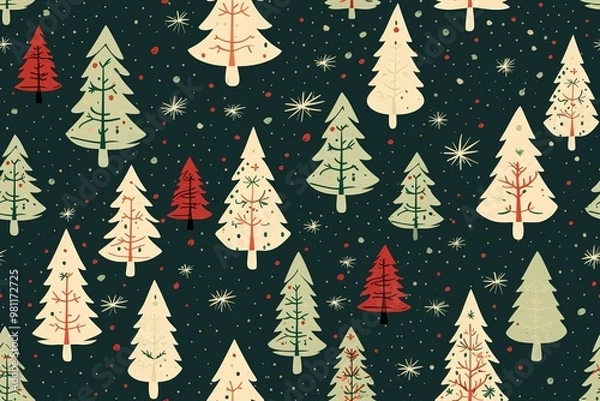 Fototapeta Christmas Seamless Pattern. Coniferous branches, cones, red artificial berries, thuja branches. Pattern for wrapping paper, greeting cards, invitations, fabric, prints.