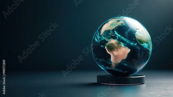 Fototapeta Holographic globe showing dynamic weather patterns in blue light, futuristic interface, global weather monitoring, holographic visualization