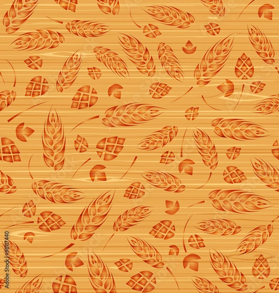 Obraz Vector seamless pattern with hops and malt on a wooden texture
